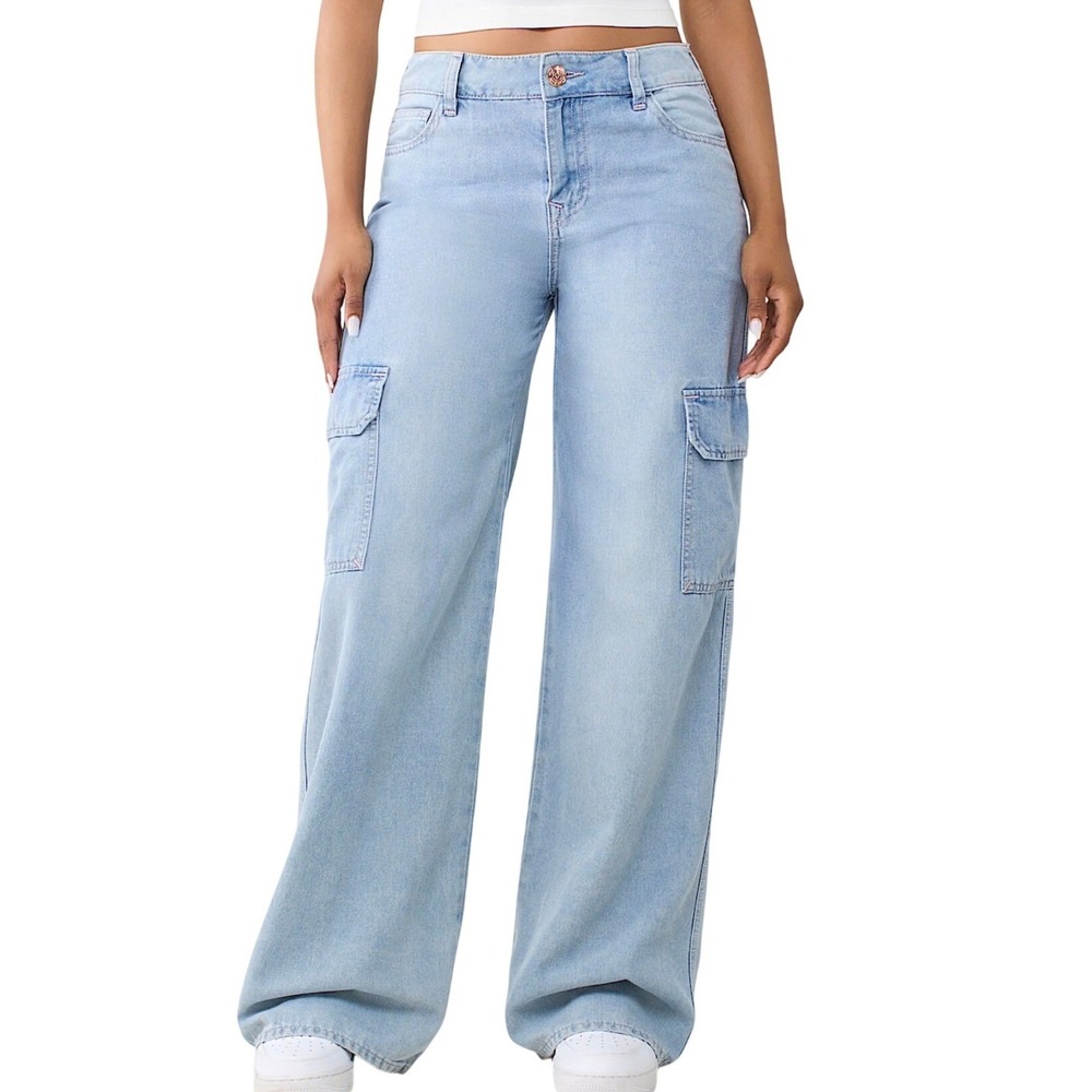 NWT True Religion Bobbi Baggy Cargo Jeans Light Wash Pink Stitching 29 Bratz